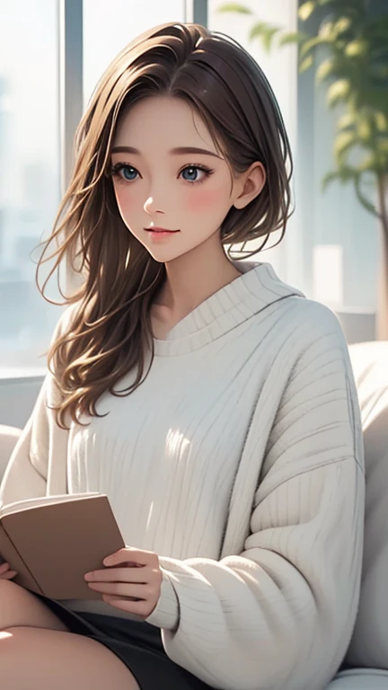 Light Color Palettes,medium front shot, digital art painting . dreaming fresh art style,a single alone female office lady, charming relaxing . reading book look at camera freshly green trees leaves swaying morning sunlight hyper ligting insane details background blurry focus on character