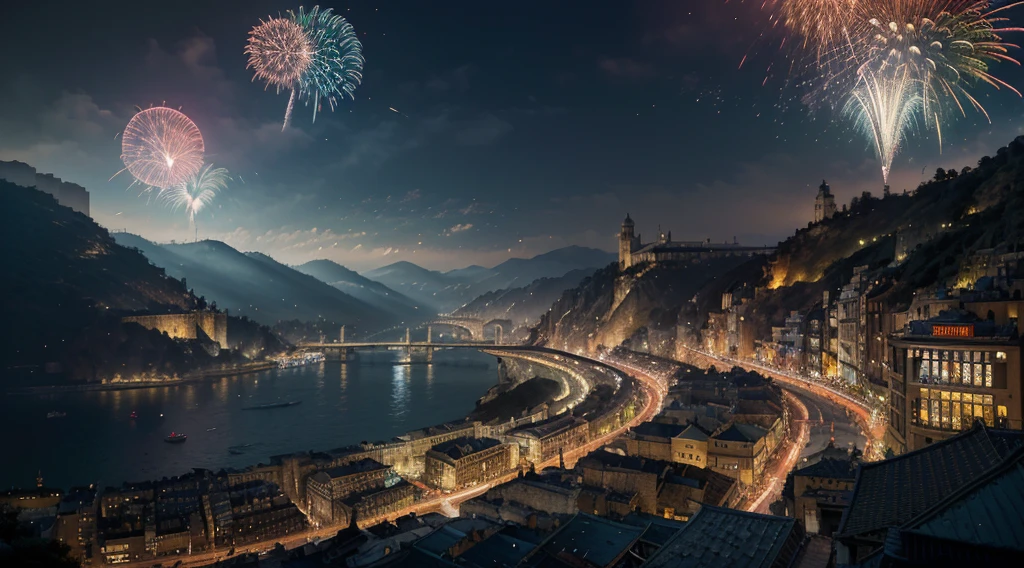 ((masterpiece)),((best quality)),((high detail)),((realistic,)) Futuristic era city, deep gorges in the middle, architectural streets, bazaars, bridges, cyberpunk, european architecture, night, neon, panoramic view, various buildings, new year, fireworks, panoramic, colorful fireworks