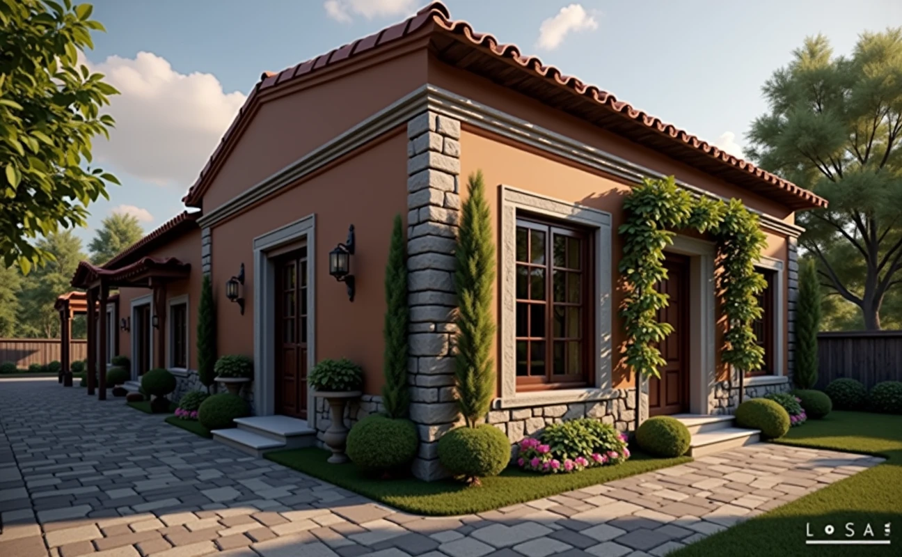 Functionality for seniors:
In addition to the access ramp, the path to the entrance would be made of a non-slip material, such as rustic stone or textured concrete, to prevent slipping.
The windows and door would have easy-to-use opening systems, thinking about the mobility of the inhabitants.
The facade would also feature shade elements, such as a wide eaves or pergolas covered with vines, for sun protection.
Final proposal:
Imagine an elegant and sober facade of an old farm, adapted with a modern touch. Maintains historical authenticity with materials such as stone and brick, but it is designed to be welcoming and functional for the needs of older people. Warm colors invite tranquility, and vegetation in the outdoor planters adds a touch of freshness to the space.
Suggested visual image:
Single-story facade, with tile roofs and details in stone and wood. Large windows that allow natural light to enter, surrounded by a green environment.