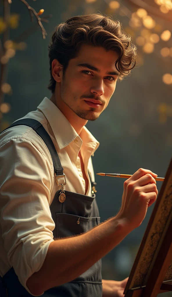 photorealistic, best quality, masterpiece, extremely detailed, extremely handsome, 25 year old man, he is painting on a canvas, on easel, cute smile, looking at camera, extremely romantic atmosphere, perfect face, perfect fingers, perfect hands, perfection