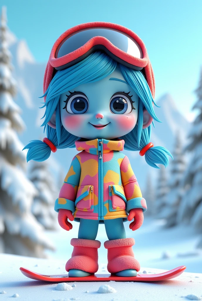 3D Render of a cute cartoon girl blue with snowboarder costume