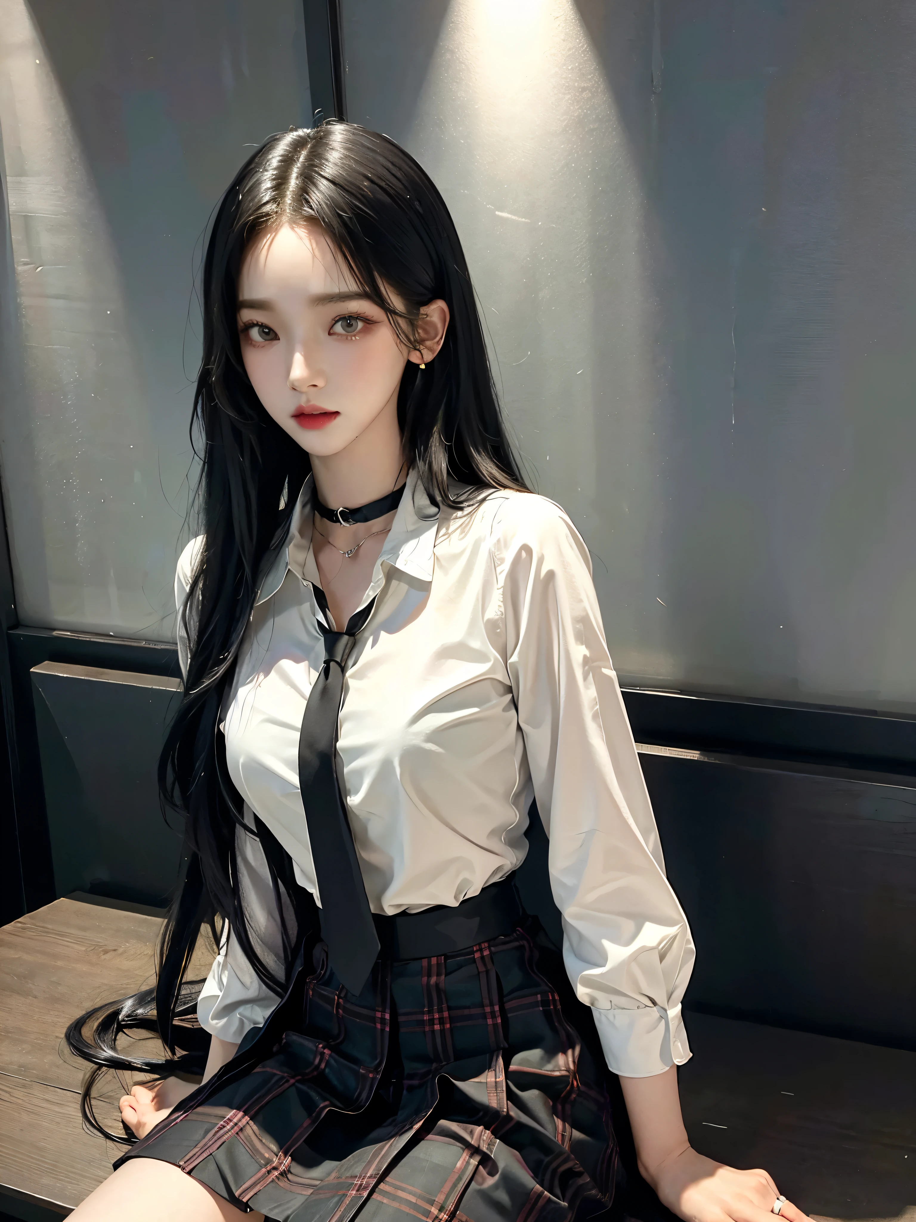 exposed, 큰 chest, 젖어서 chest이 보이는 흰색 shirt, masterpiece, best quality, whole body, 1 woman, forehead, black choker, black necktie, blond hair, panties, blush, bracelet, chest, choker, clothes approximately waist, clavicle, collared shirt,  dress shirt, ear piercing, eyebrows visible through hair, gradient hair, 이를 드러내고 laugh, fix, bijouterie, Kogal, long hair, looking at viewer, loose necktie, necktie, piercing, plaid, plaid skirt, pleated skirt, red eyes, ring, , shirt, skirt, laugh, alone, sky, sitting on a chair inside a cafe,illustration, (Magazines:1.3), (sheathe-style:1.3), fashionable, female, vibrant, outfit, posing, front, fancy, dynamic, background, coercion, confidence, expression, possession, name, accessories, majestic, coil, approximately, touch, scene, texts, sheathe, brave, attracting attention, title, Refined, font, catchy, headline, bigger, striking, modern, Trend, Concentrate upon, fashion,