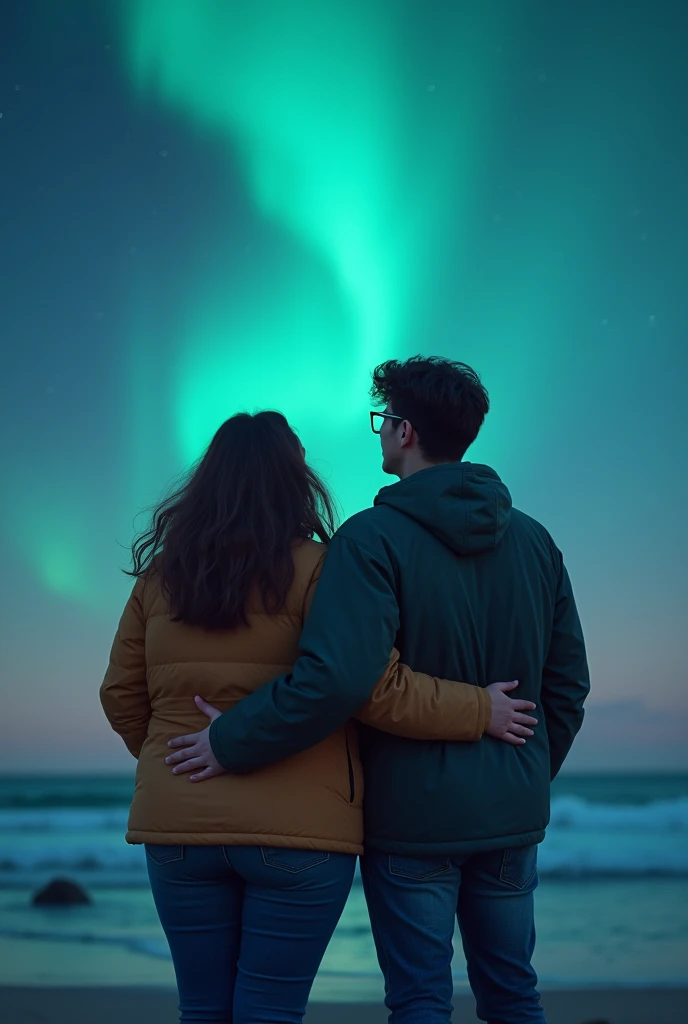 Image of a plus size girl and a skinny boy, he wear a specks in the beach side and both of them. Looking at the northern light
Both of them are very happy they look. Age of around the girl 20 and the boy should look 25
