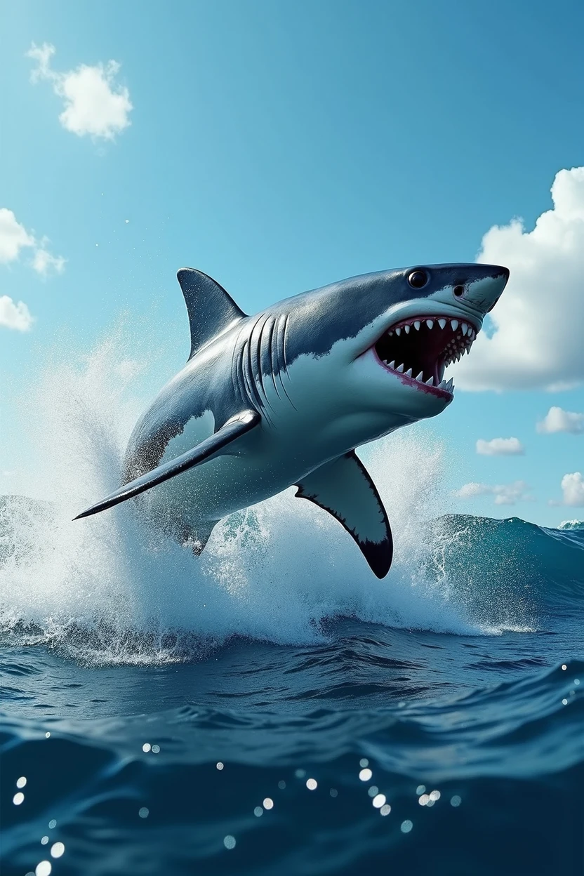 A powerful and dramatic scene featuring a great white shark leaping out of the ocean. The shark is captured mid-air with water splashing around it as it breaks the surface. The background showcases a clear blue sky with a few clouds, and the ocean is a deep blue, with waves adding to the dynamic energy of the scene. The shark's sharp teeth and muscular body are highlighted, emphasizing its strength and agility, creating an intense and captivating visual