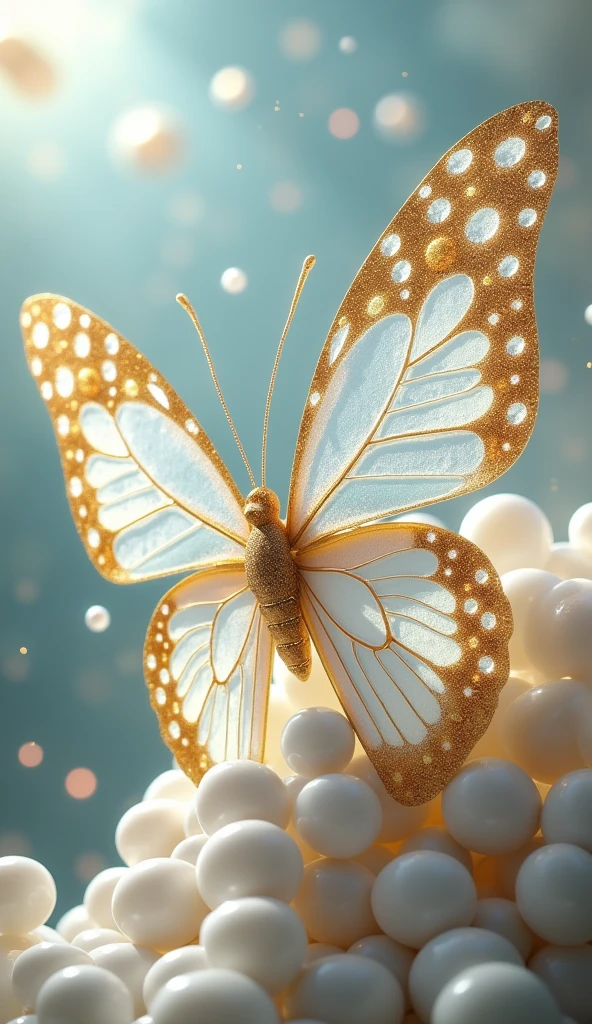 There is a diamond and milky title "Doux Méchants". There is a beautiful white and golden butterlfy behind the title. Some pearls ((blurry)) falling from thevsky in the background of butterfly. A 3D, fantasy, adventure, realistic and aesthetic poster.