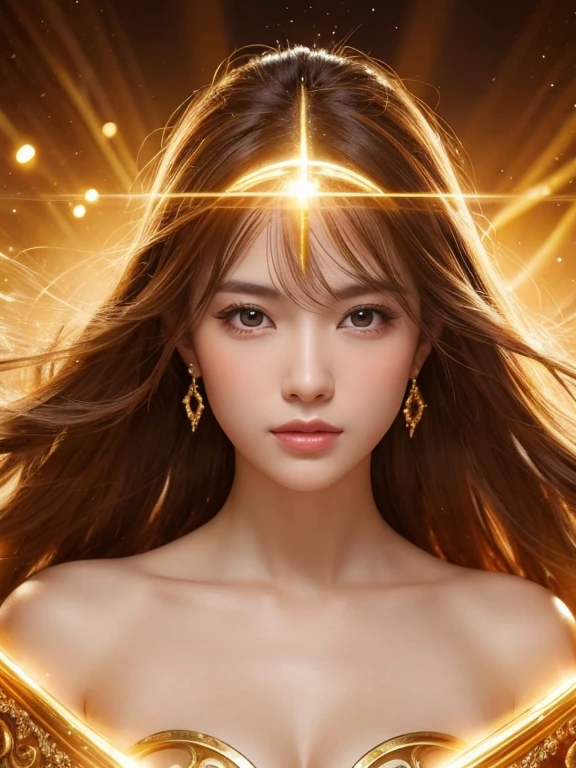 A close-up of a woman in a golden dress、Positive、Center the screen、The background is illuminated with a halo.、Abstract images, Beautiful Heavenly Magician, Heavenly Goddess, The ethereal glow of gold, Fantastic Fantasy, Beautiful fantasy empress,, Goddess of space and time, A radiant golden aura, Goddess of Light, A remarkably young and enigmatic figure,Half Japanese and white、Brown Hair


