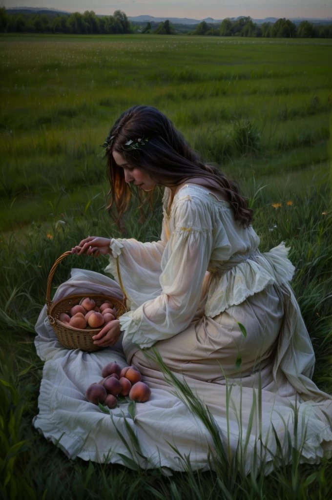 there is a woman sitting in a field with a basket of fruit, in a field, monia merlo, she is easting a peach, inspired by Elsa Bleda, in the countryside, in a grassy field, in a open green field, viktoria gavrilenko, in a meadow, she is eating a peach, photography alexey gurylev