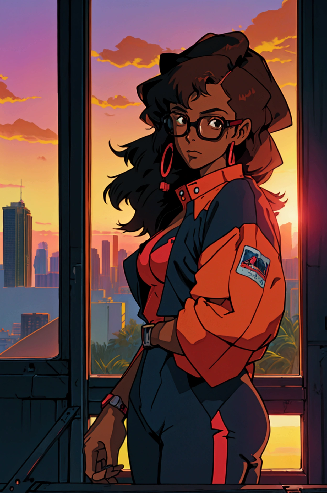 cowboy bebop, black female character, dark skinned, black girl, 30, long hair, brown eyes, blue light, wearing streetwear, typing at a computer, red glasses, programmer, gamer, panoramic window view of miami, sunset, luxury decor