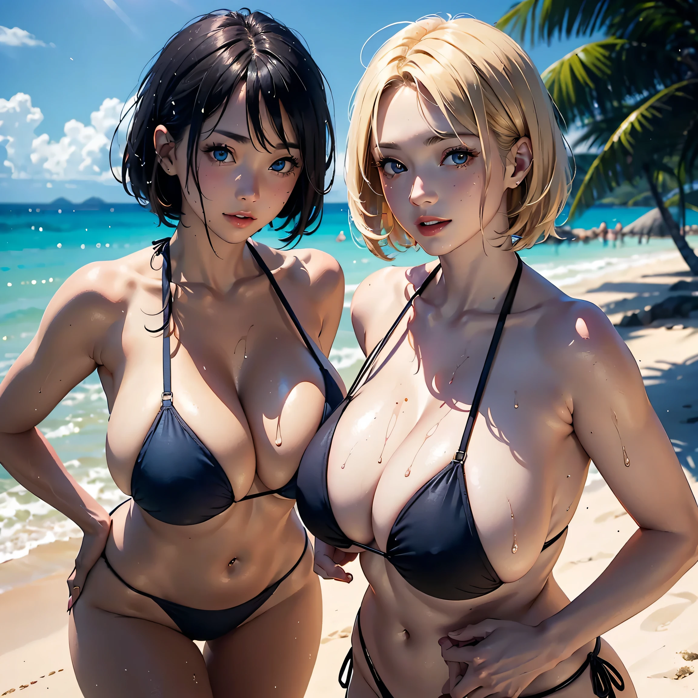 (masterpiece:1.2, Highest quality), (Realistic photos), Beautiful illustrations, (Natural side lighting, Cinema lighting),(2 people), Japanese, 20-year-old female, Perfect Face, Symmetrical cute face, Glowing Skin,(Blonde Short Hair)、(Black short bob)、Dark blue eyes, (Huge breasts:1.2), Cleavage、Slender build、Beautiful Hair, Beautiful Face, Fine and beautiful eyes, Beautiful body, Beautiful breasts,(Black Bikini)、smile、Blushing、Standing side by side、Sandy Beach、Beach、Ocean、Blue sky、(My whole body is wet:1.1)、whole body