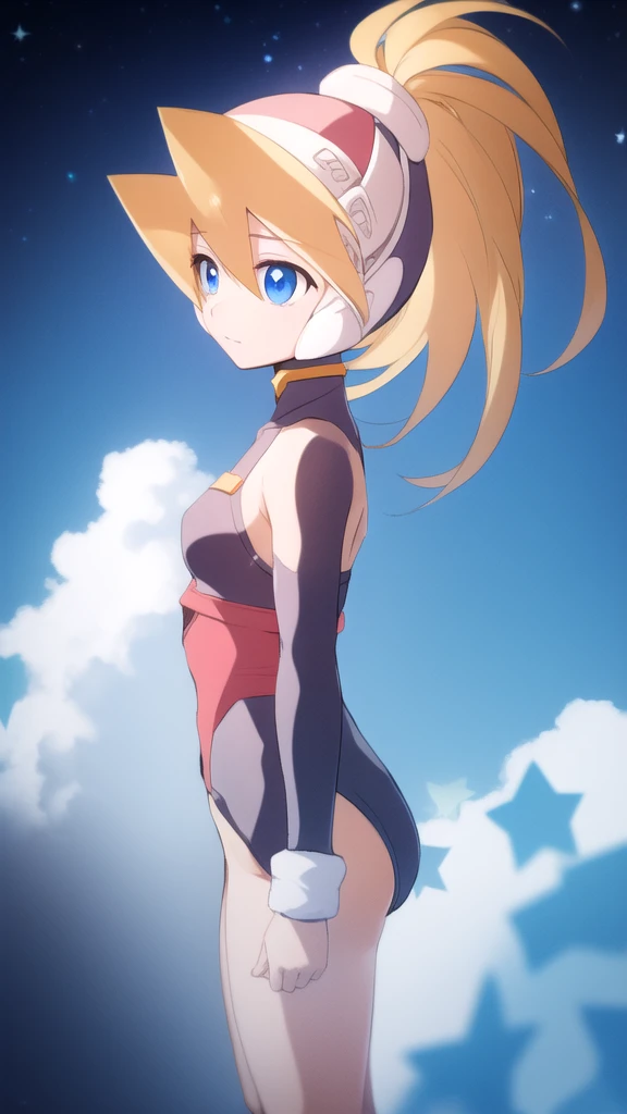 ciel_megamanz, 1girl, solo, long hair, blue eyes, blonde hair, ponytail, headgear, looking away, star \(sky\), micro bikini
