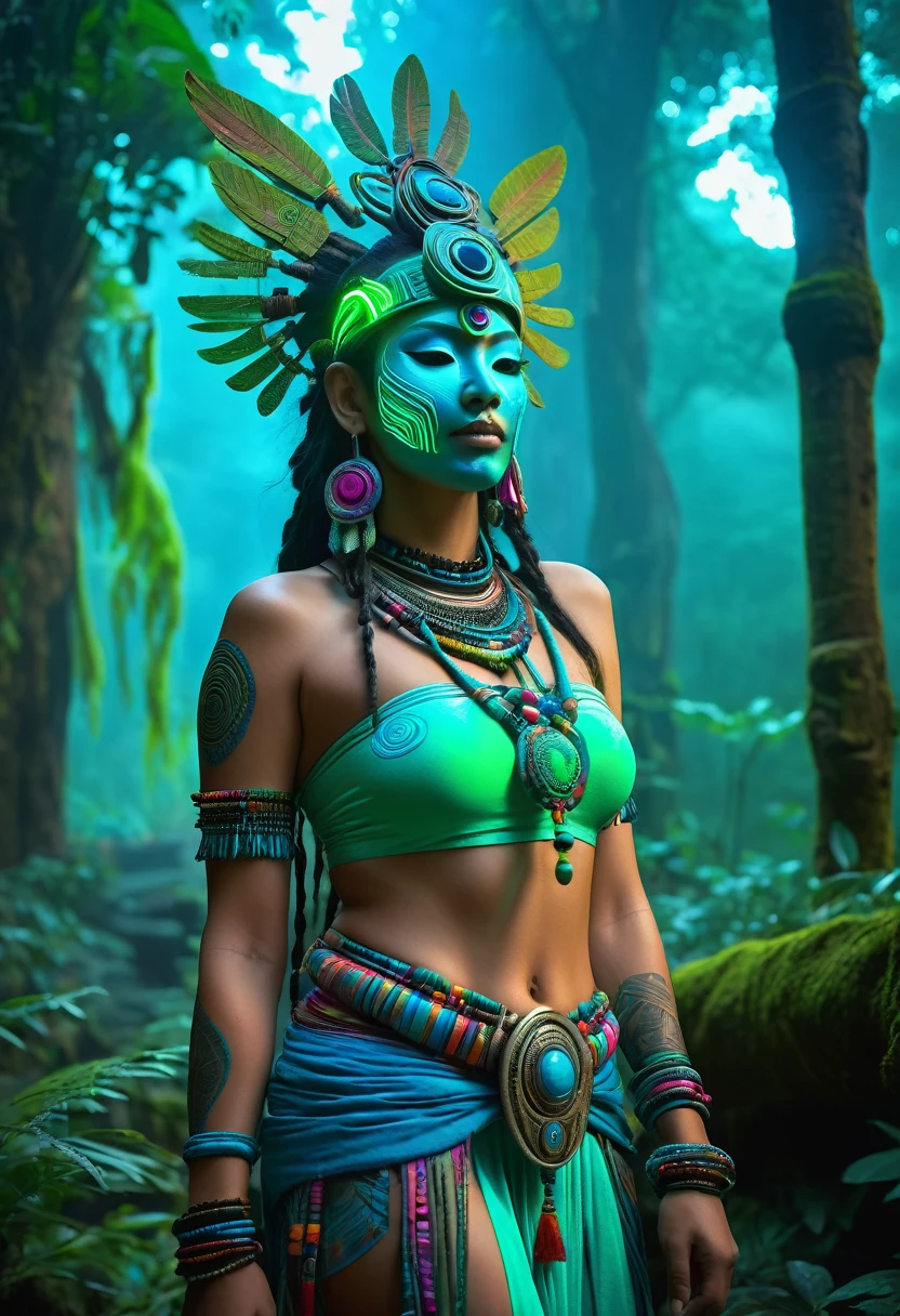 A high-resolution brightly lit photorealistic photograph of a cyberpunk tech wear shaman wearing shamanic ornaments and face mask tribals with tribal clothings and colourfull masks in uv green and blue with criptic signs glowing on the fabric standing by an ancient rain forest temple ruins glowing with criptic symbols of tribals and alienish paterns on the tree trunks glowing in uv red and pink turquoise blue and green colours smog and misty fog in the atmosphere uv glowing blury lightings on the path way lighting the whole aura broken ruins of ancient goddess skulptor glowing in uv colours a ceremony of the tribes The photograph is styled like a high-end lifestle Movie hdr32 k this orignal image octate render unreal lightings, highly detailed , photo realistic , unreal engine 5, depth of view, add noise, Effet de vent:1.9,Effets de nuage:1.2,Rendu complet,Encaustic painting,flammes, epic, dawn, dramatic lighting, dim light, bokeh, The photograph has a light bright happy feel. Use a high-resolution 16k camera with a 2:3 aspect ratio, a raw style, and a quality setting of 2 to capture this vibrant scene . 32k, full ultra hd, high resolution, photorealistic, natural lighting, ultra realistic photo, high quality, HDR, high resolution, smooth and delicate skin, noble and elegant, ultra-realistic photography vibe, shot with Canon camera, intricate details, 32k --ar 16:9 --s 750 --v 6.1
