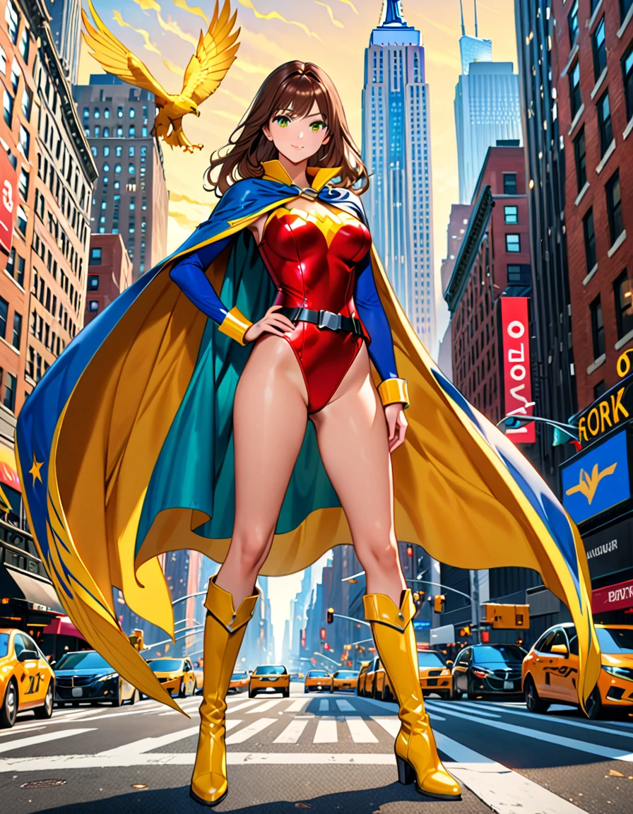 (masterpiece), (best quality), (high res), 1lady, tall body, highly detailed, professional, beautiful detailed eyes, beautiful detailed face, perfect hands, complete fingers, perfect anatomy, perfect proportions, ((brown hair, medium hair, hair down)), ((green eyes)), ((leotard, (red leotard), matching leotard)), (bare legs), (boots, matching boots, knee-high boots, yellow boots), breasts, medium breasts, (full body portrait), looking at viewer, solo, solo focus, standing, one hand on hip, cowboy shot, new york backdrop, ((fastened tight belt)), (blue sleeves, yellow cuffs), ((yellow hawk/(symbol/)) on chest), ((medium cape, (blue cape))), full body costume design.