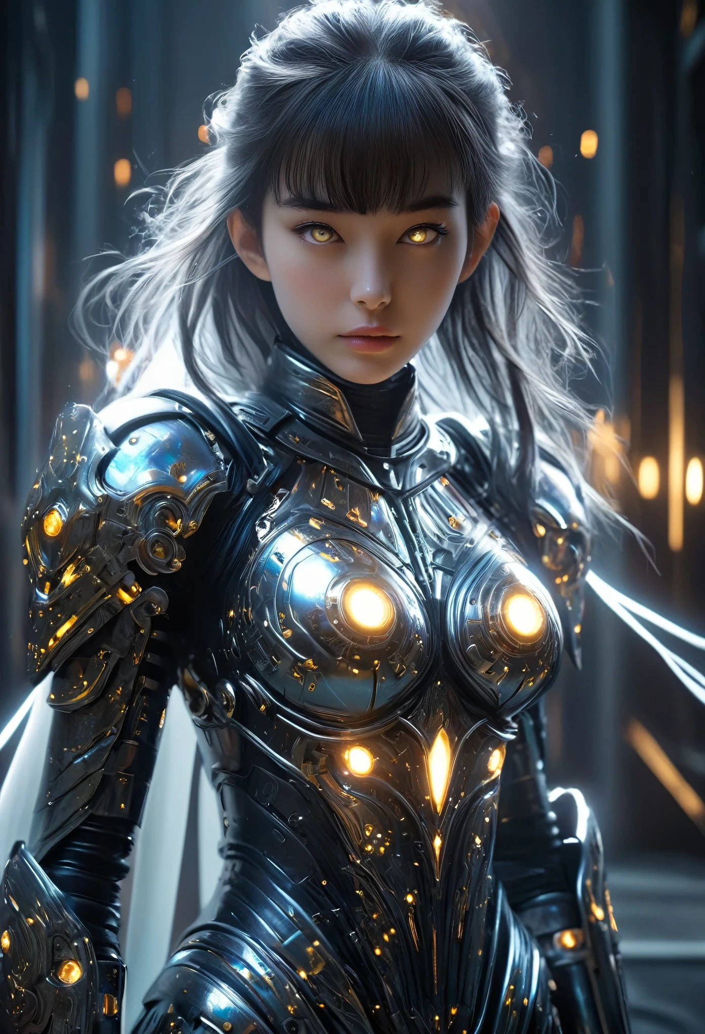 (Best Quality, 4K, 8K, High Resolution, Masterpiece: 1.2), (Super Detailed, Realistic, Photorealistic:1.37), A woman in futuristic clothing, Trending on cgstation, Trending on cgstation, (Portrait of a girl in the Knights of the Zodiac:1.4), blunt bangs, Cute Cyborg Girl, Perfect android girl, Portrait Astronaut Girl, Beautiful girl cyborg, (Girl wearing iridescent black and white mechanical cyber armor:1.3), Game CG, cgsociety and fenghua zhong, Beautiful Cyborg Shrine Maiden, Bioluminescence, (Yua Yaiba:0.5), (Golden eyes:1.5), Anatomically correct grip, (Sharp and long claws:1.4), erotic and sexy, black, wearing A gorgeous cape with beautifully detailed embroidery, (beautiful tits, beautiful breasts, beautiful nipples:1.5), (NSFW:1.5)