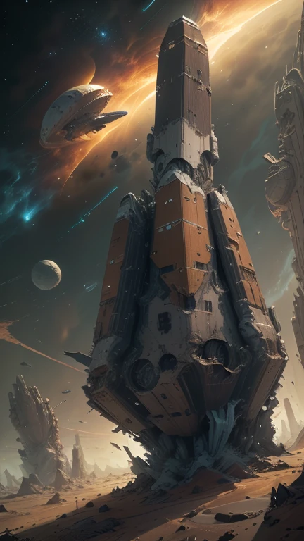 Fantasy,On a different planet,A giant cigar-shaped spaceship is stationary.,The spaceship is broken,Outside the spacecraft, A beautiful female astronaut is making repairs,Flat Chest,Young face,Young body,There are a lot of wrecked spaceships,Expansiveness,Great details,Cinema Lenses,Wide-angle composition,Hazy,starry skies,Indian mythology