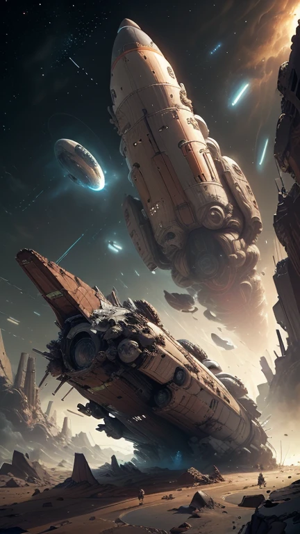 Fantasy,On a different planet,A giant cigar-shaped spaceship is stationary.,The spaceship is broken,Outside the spacecraft, A beautiful female astronaut is making repairs,Flat Chest,Young face,Young body,There are a lot of wrecked spaceships,Expansiveness,Great details,Cinema Lenses,Wide-angle composition,Hazy,starry skies,Indian mythology