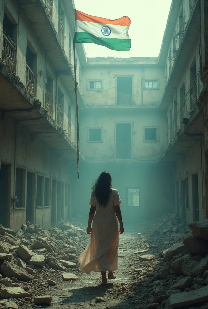Girl inside abandoned building, dark, body dirty with muds, long hair, tears thin red dress, hot body, medium breast, sweaty, eyes stares, mysterious, 