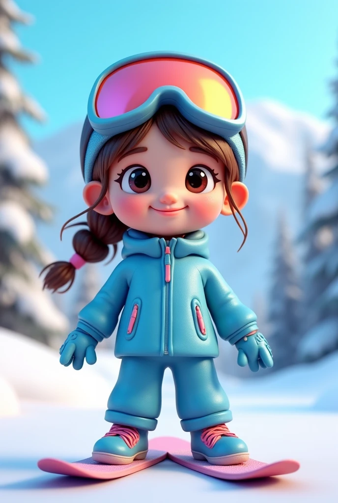 3D Render of a cute cartoon girl blue with snowboarder costume