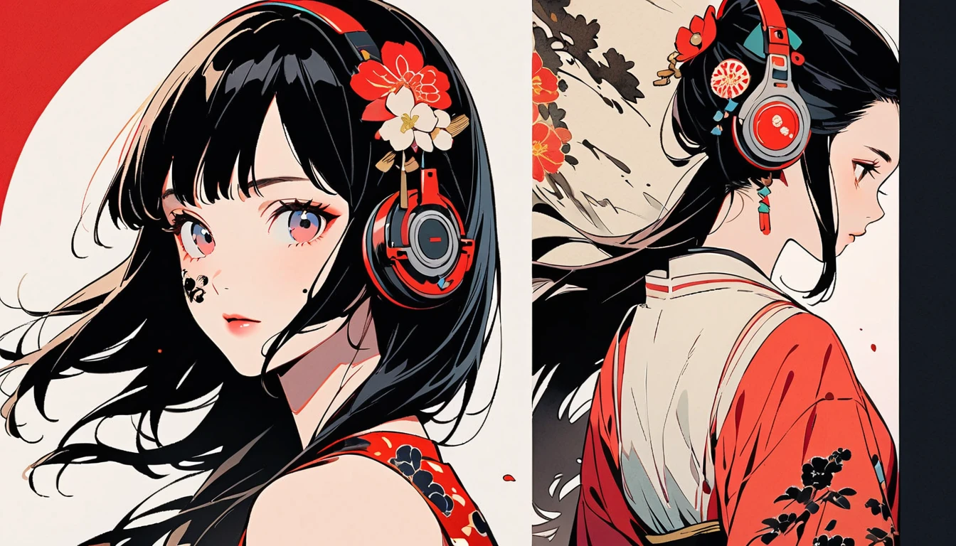 (((Ink Painting))), Fashion portrait color photos, (((1 girl))), (((Tattoo on face))), (((Gorgeous hair accessories))), Japanese style headphones, face close-up, Japanese beautiful girl, Black Hair, Delicate and precise, Modern ukiyo-e style,Japan, Japanese flag