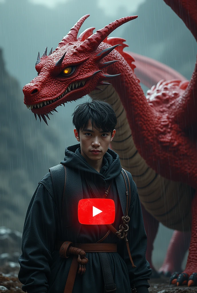 ai boy standing (boy should somewhere arround 18year old )with a red Agressive dragon(dragon should be dangerous) in a super cloudy wheather while raining super realistic create a youtube logo