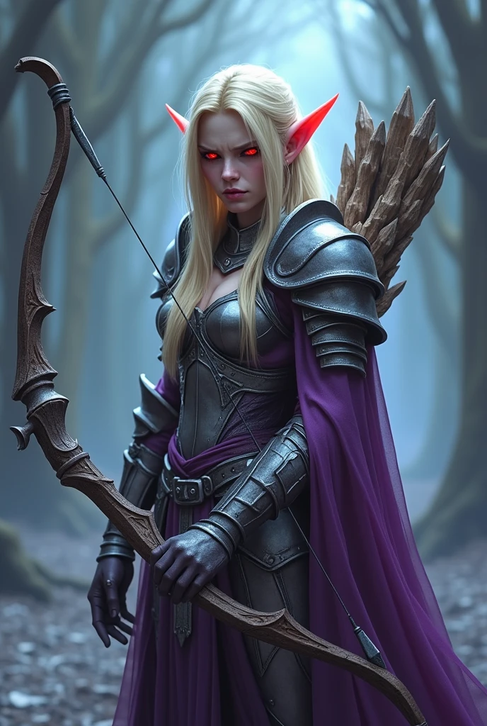 World of Warcraft game theme. Image of an elf(Sylvanas Windrunner) age 35 blonde hair standing holding her favorite bow.Glowing red eyes, SERIOUS LOOK, angry, He wore light armor in Silver and Violet, pastel colours, and dramatic tones. A masterpiece with the highest resolution. , Surrealist image type