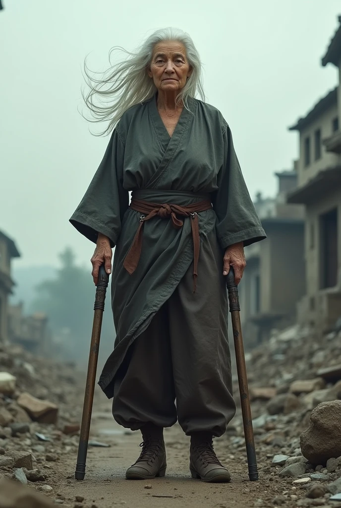 60 years old，White hair，grandmother，Faucet crutches，High martial arts，War
