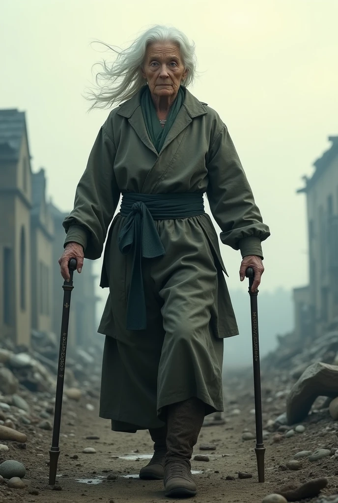 60 years old,White hair,grandmother,Faucet crutches,High martial arts,War