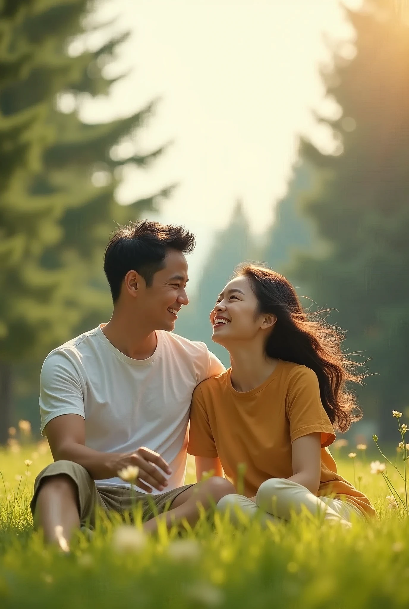 Asian couple in the park,Happy expression,Behind is a pine forest,sunny