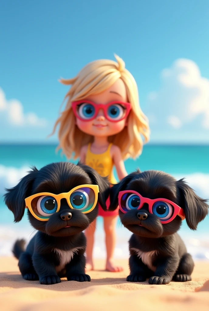 cute adorable 2 black shih tzu puppies with big blue eyes wearing sunglasses, helping life gaurd, cute blonde girl, extremely detailed, big blue eyes, wearing colorful sun glasses, helping life gaurd, 3D Pixar style, at beach, photorealistic, (best quality,8k,highres,masterpiece:1.2),ultra-detailed,(realistic:1.37),HDR,vivid colors,studio lighting