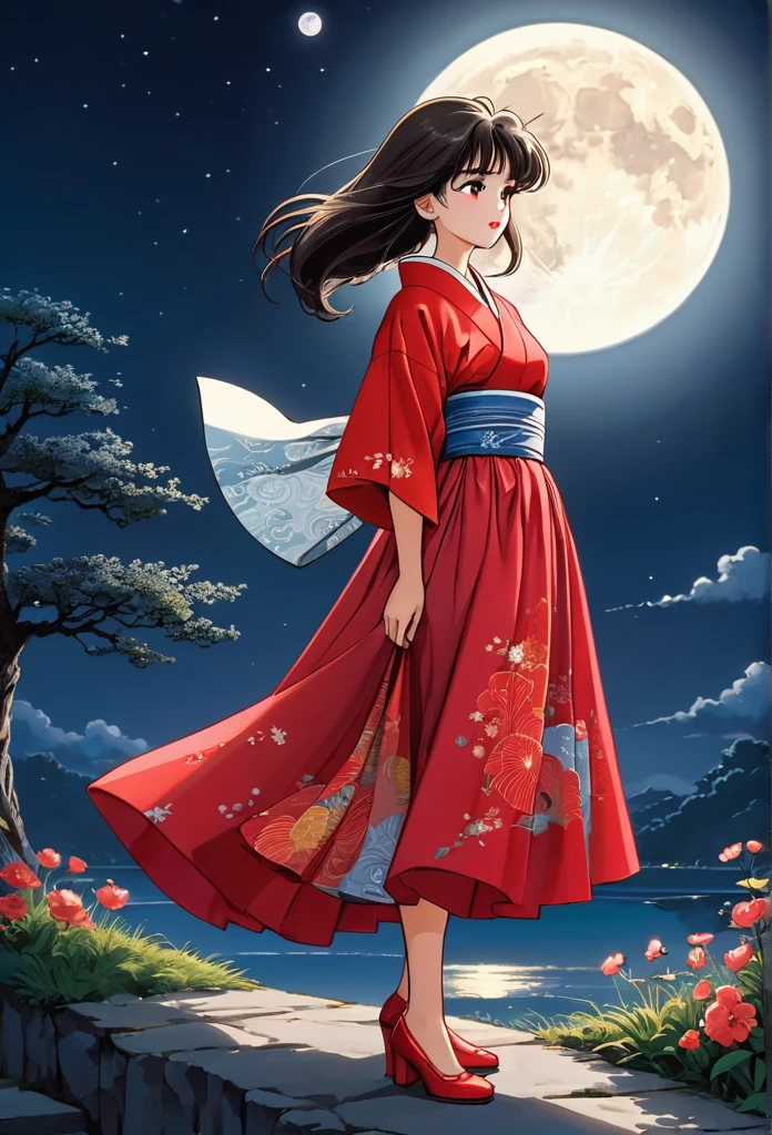 Cartoons of the 90s, One person, alone, dress, full moon, In the same way, In the same way skirt, kimono, moon, moonlight, Outdoor, red In the same way, skirt, (masterpiece, Highest quality, Professional, Perfect composition, so beautiful, Absurd, Very detailed, Intricate details:1.3)