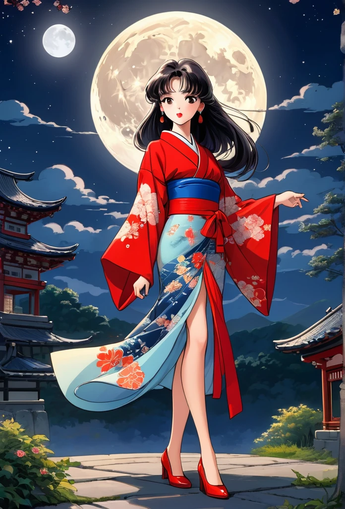 Cartoons of the 90s, One person, alone, dress, full moon, In the same way, In the same way skirt, kimono, moon, moonlight, Outdoor, red In the same way, skirt, (masterpiece, Highest quality, Professional, Perfect composition, so beautiful, Absurd, Very detailed, Intricate details:1.3)