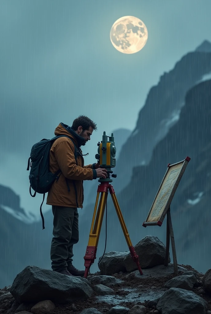A  man is focussing moon by using total station. he is standing top of the mountain . raining also. Two small maps are both side of  him. And a bag is lyingdown .