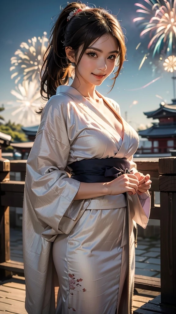 (((HD photo))), ultra high res.photorealistic:. 1.4, UHD, masterpiece, trending on artstation, portrait, (1woman, 43yo) , pretty, cute face, most beautiful in the world, soft, delicate, (brown hair, ponytail), cute breasts, (wearing very elegant yukata ), (Japanese traditional summer festival :1.4, fireworks:1.4), examination, (standing with seductive pause ) , bare your cute smile ), (beautiful romantic night ),((shoot from front))