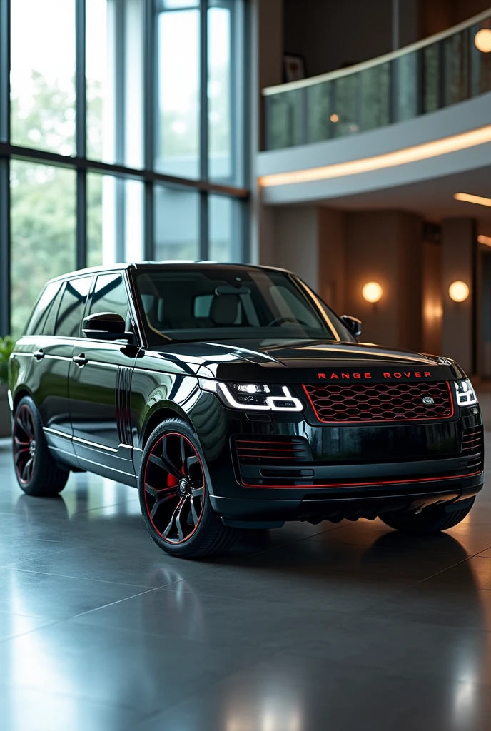 A modern gray Range Rover SUV showcases a bold and aggressive design with a prominent front grille and sleek body lines. The vehicle features striking black rims with red accents, enhancing its sporty appearance. It is positioned indoors, reflecting natural light from large windows, with a stylish, contemporary interior visible in the background.