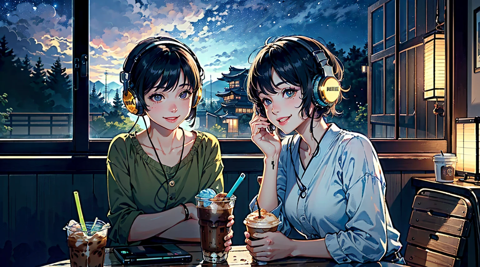 ((8k of extremely detailed CG unit, Masterpiece, high resolution, highest quality, highest quality real texture skin)), (((Cute room))), (((Japanese style headphones))), (((iced coffee))), (((Smiling and listening to music))), ((1 girl)), (Black hair, messy hair, beige skin), (Surreal, digital painting), (((Warm lighting))), (((Night sky from large windows)))