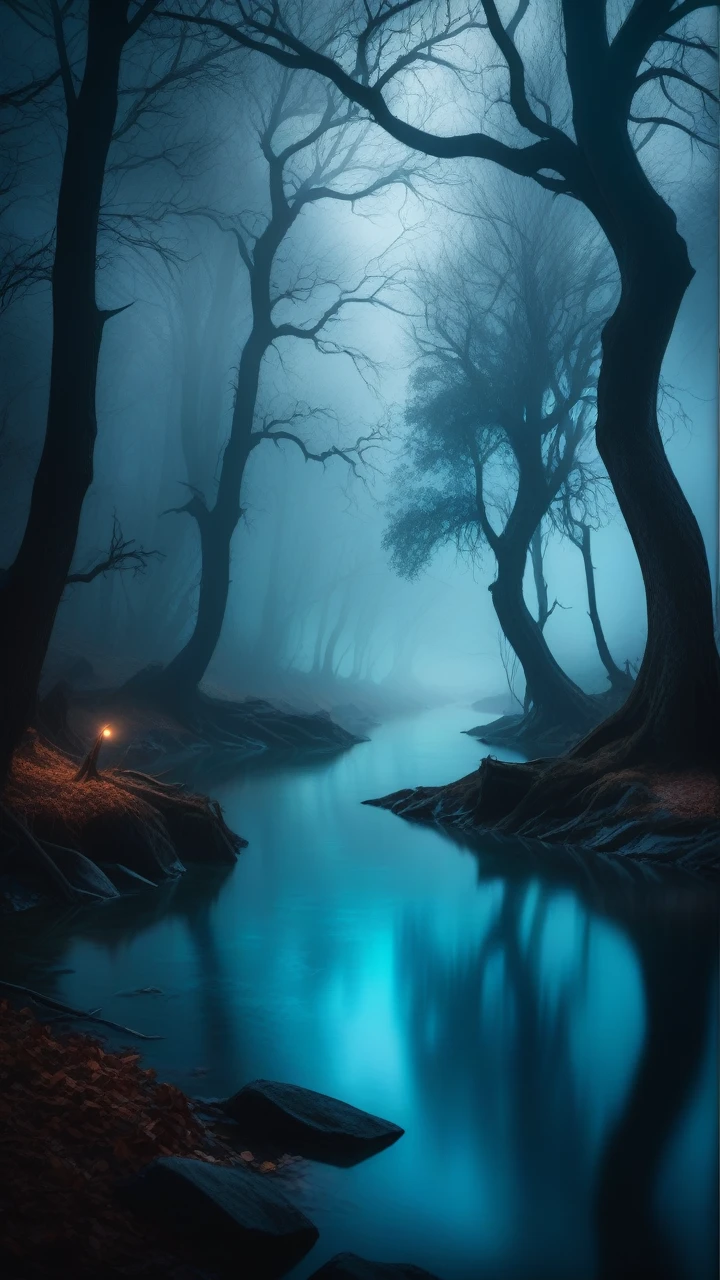 a mysterious thick fog in the dark magic river, moody dramatic lighting, dark fantasy landscape, gloomy atmospheric, fog mist, eerie glowing water, twisted dark trees, surreal dream-like, ultra-detailed,dark fantasy art,dramatic lighting,deep blue tones,cinematic mood