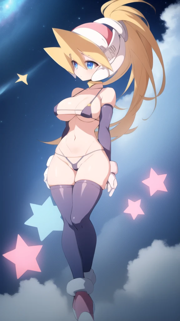 ciel_megamanz, 1girl, solo, long hair, blue eyes, blonde hair, ponytail, headgear, looking away, star \(sky\), micro bikini , large breasts, large ass