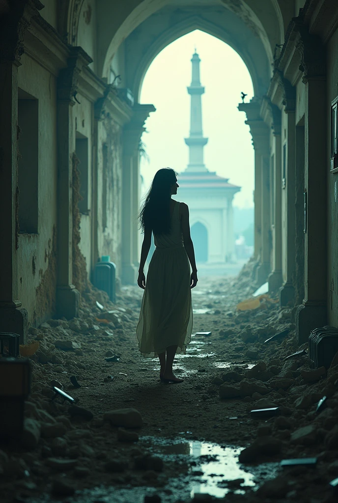 A alone woman in a demolished hospital on '🇮🇳' independence day
