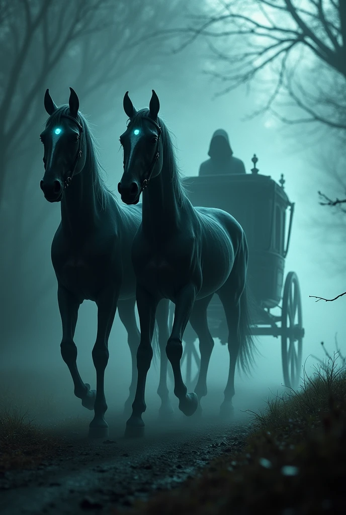 Mysterious black carriage drawn by spectral horses 