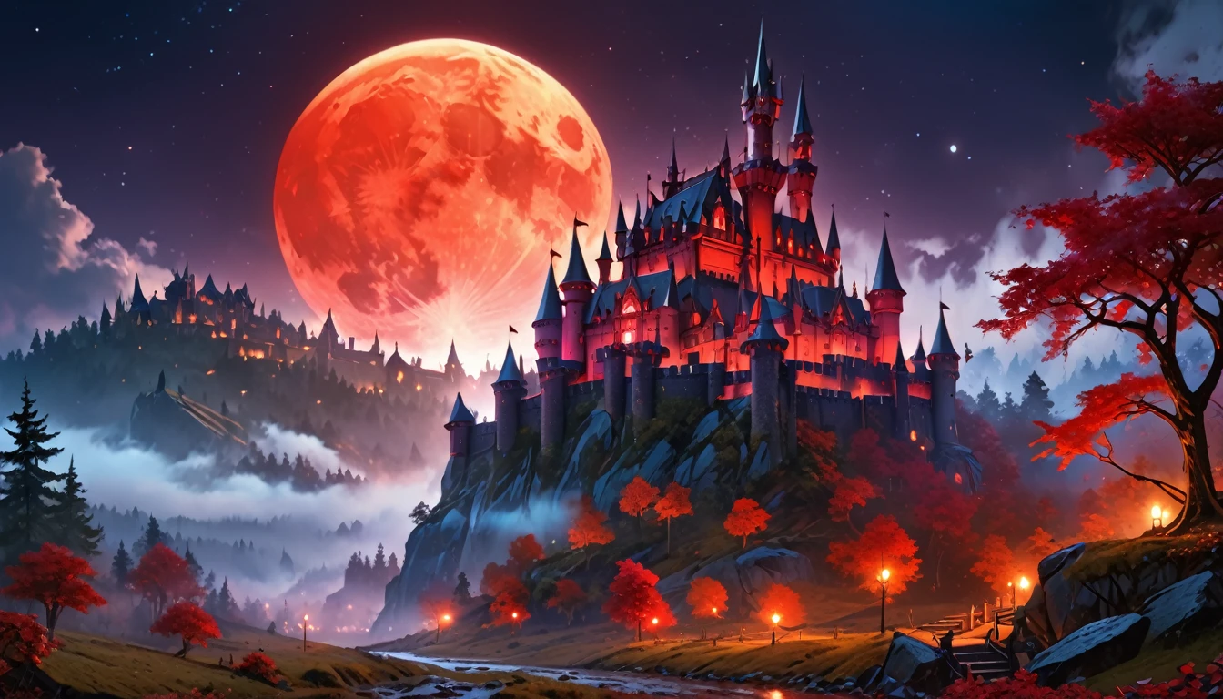 a picture of mist covered fantasy castle at night, half covered by a ((mist: 1,5)),  a dark fantasy castle, (goth castle: 1.4), with towers and (red light : 1.4) coming out of the windows, the castle sits on a hill with few trees, the ((mist covers the ground and some of the castle)), it is night time, the moon is full, dynamic color moon, some stars, dark fantasy forest,  (best details, Masterpiece, best quality :1.5), ultra best realistic pictures , best details, best quality, 16k, [ultra detailed], masterpiece, best quality, (extremely detailed), ultra wide shot, photorealism, depth of field,