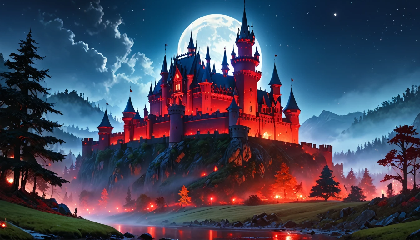 a picture of mist covered fantasy castle at night, half covered by a ((mist: 1,5)),  a dark fantasy castle, (goth castle: 1.4), with towers and (red light : 1.4) coming out of the windows, the castle sits on a hill with few trees, the ((mist covers the ground and some of the castle)), it is night time, the moon is full, dynamic color moon, some stars, dark fantasy forest,  (best details, Masterpiece, best quality :1.5), ultra best realistic pictures , best details, best quality, 16k, [ultra detailed], masterpiece, best quality, (extremely detailed), ultra wide shot, photorealism, depth of field,