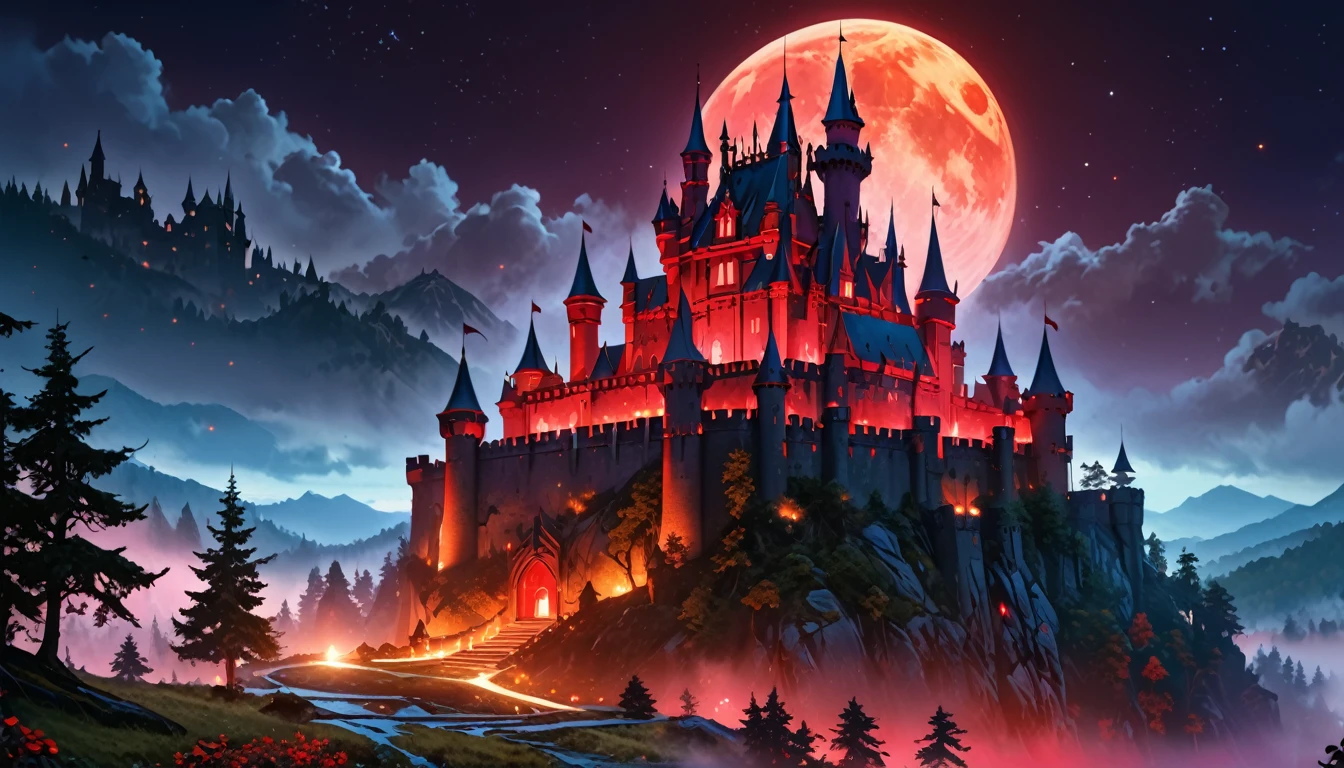 a picture of mist covered fantasy castle at night, half covered by a ((mist: 1,5)),  a dark fantasy castle, (goth castle: 1.4), with towers and (red light : 1.4) coming out of the windows, the castle sits on a hill with few trees, the ((mist covers the ground and some of the castle)), it is night time, the moon is full, dynamic color moon, some stars, dark fantasy forest,  (best details, Masterpiece, best quality :1.5), ultra best realistic pictures , best details, best quality, 16k, [ultra detailed], masterpiece, best quality, (extremely detailed), ultra wide shot, photorealism, depth of field,