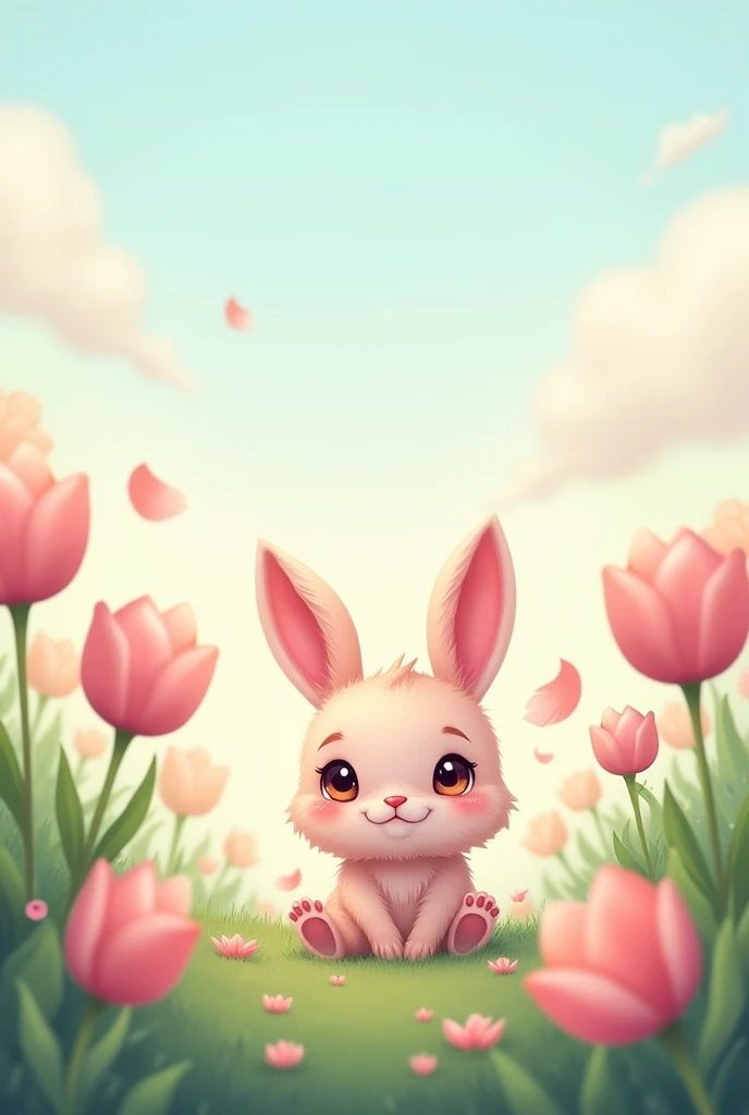 Create a tab wallpaper with pastel green garden pastel blue sky and pastel pink tulips with bunny cute in a cartoon way