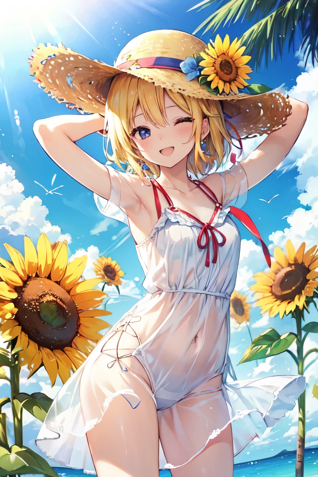 Summer sky、sunflower、Straw hat、Big smile、Oxytocin、One Piece Appears、Open your mouth wide、Wink、Bright, Energetic and aggressive、