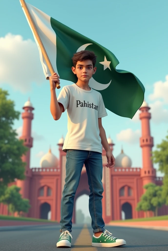 Generate are realistic 20 years old boy wearing white T-shirt, blue jeans, sneakers and the name it song is written on his T-shirt and the boy is standing on the road with holding a national flag of Pakistan and behind him is the red port of Pakistan historical place and written on sky Independence Day create realistic