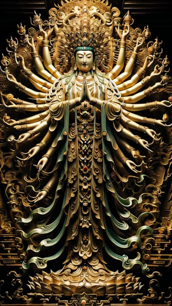  statue of guan yin made of jade and jewelry, crystal clear and shinning, beautyfull  face, multiple hands holding some treasure weapons , detailed hands,  floating red ruby lotus , full body, masterpieces, super detail, epic composition, ultra HD, high quality, extremely detailed, official art, unified 8k wallpaper, Super detail, 