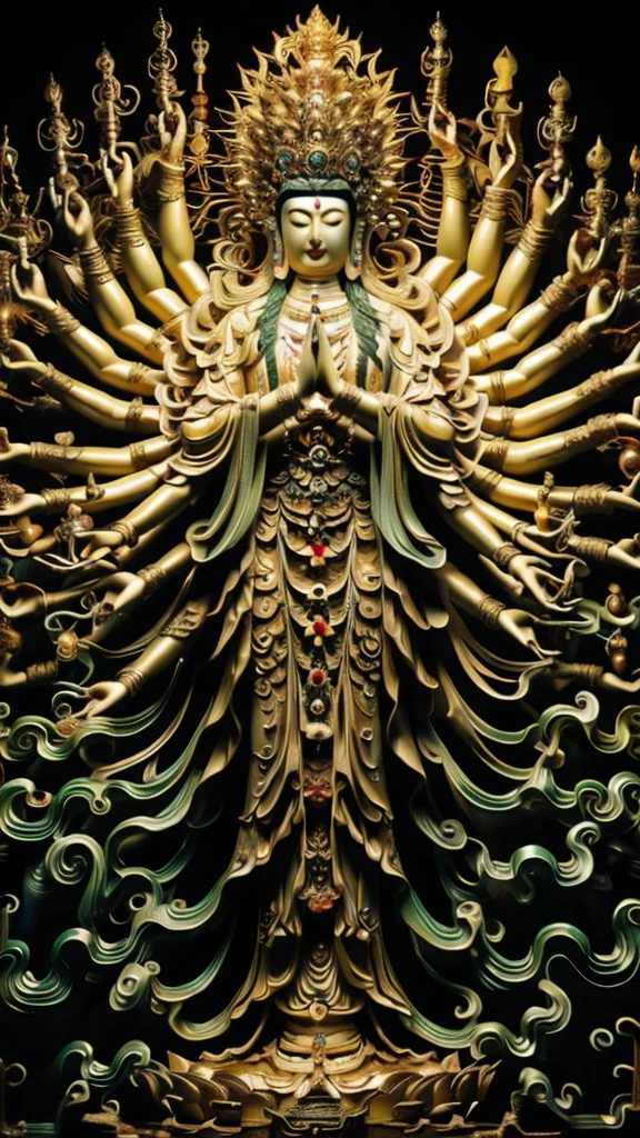  statue of guan yin made of jade and jewelry, crystal clear and shinning, beautyfull  face, multiple hands holding some treasure weapons , detailed hands,  floating red ruby lotus , full body, masterpieces, super detail, epic composition, ultra HD, high quality, extremely detailed, official art, unified 8k wallpaper, Super detail, 