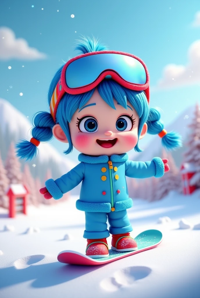 3D Render of a cute cartoon girl blue with snowboarder costume