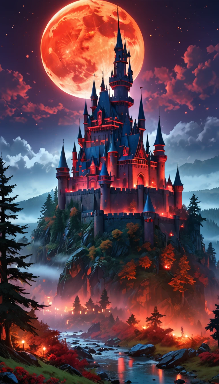 a picture of mist covered fantasy castle at night, half covered by a ((mist: 1,5)),  a dark fantasy castle, (goth castle: 1.4), with towers and (red light : 1.4) coming out of the windows, the castle sits on a hill with few trees, the ((mist covers the ground and some of the castle)), it is night time, the moon is full, dynamic color moon, some stars, dark fantasy forest,  (best details, Masterpiece, best quality :1.5), ultra best realistic pictures , best details, best quality, 16k, [ultra detailed], masterpiece, best quality, (extremely detailed), ultra wide shot, photorealism, depth of field,