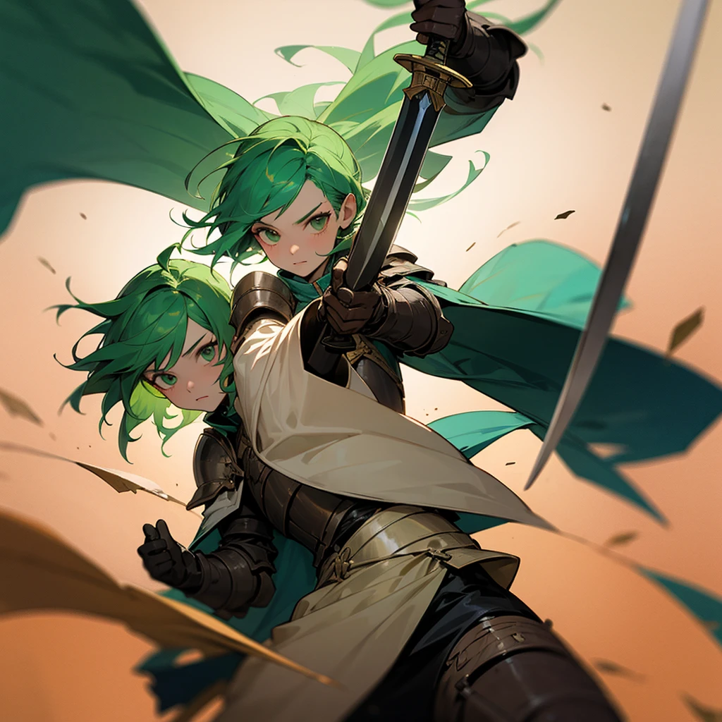 A 17-year-old with green hair wearing armor and holding a sword.
