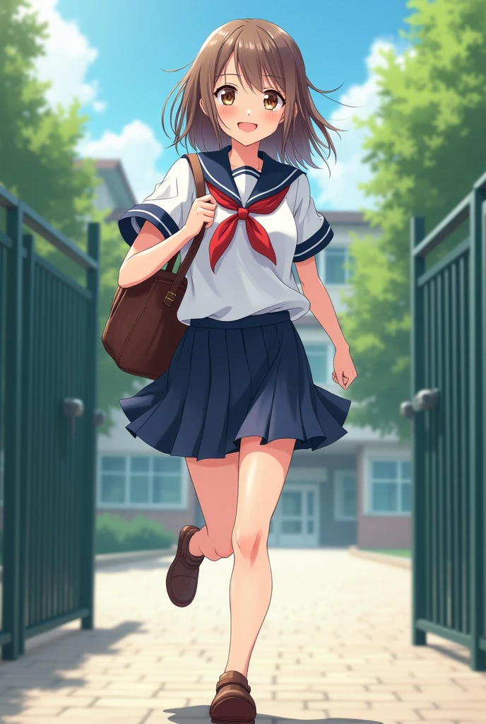 Profile , looking at viewer, Full body , running, Japanese JK Girl , (16 year-old),(Detailed face, Beautiful brown Eyes, Light brown straight middle hair, fringe, small lips little smile), (C cup breasts, Slender Hoist, middle Hip) ,(High school uniform, cute Sailor suit , Navy blue gather middle skirt, summer style), brown leather shoes, brown school bag, front school gate , background high-school building, (masterpiece, highest quality, High resolution, Photo realistic, sharp, RAW Photos, 8k wallpaper, perfection, Professional Lighting, Very detailed),